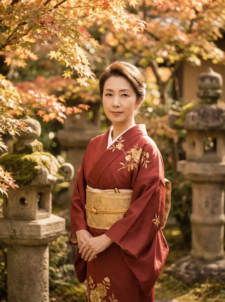 一位身穿暗红色和服的优雅 里番-里番动漫 在日式庭院中